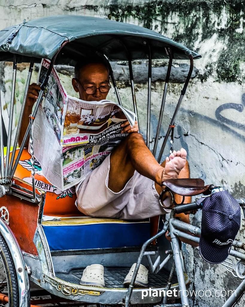 Cycle rickshaw driver takes a break, Chiang Mai old city
