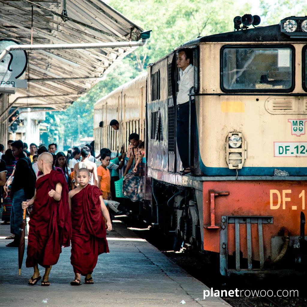 A locomotive arrives at Yangon Central station