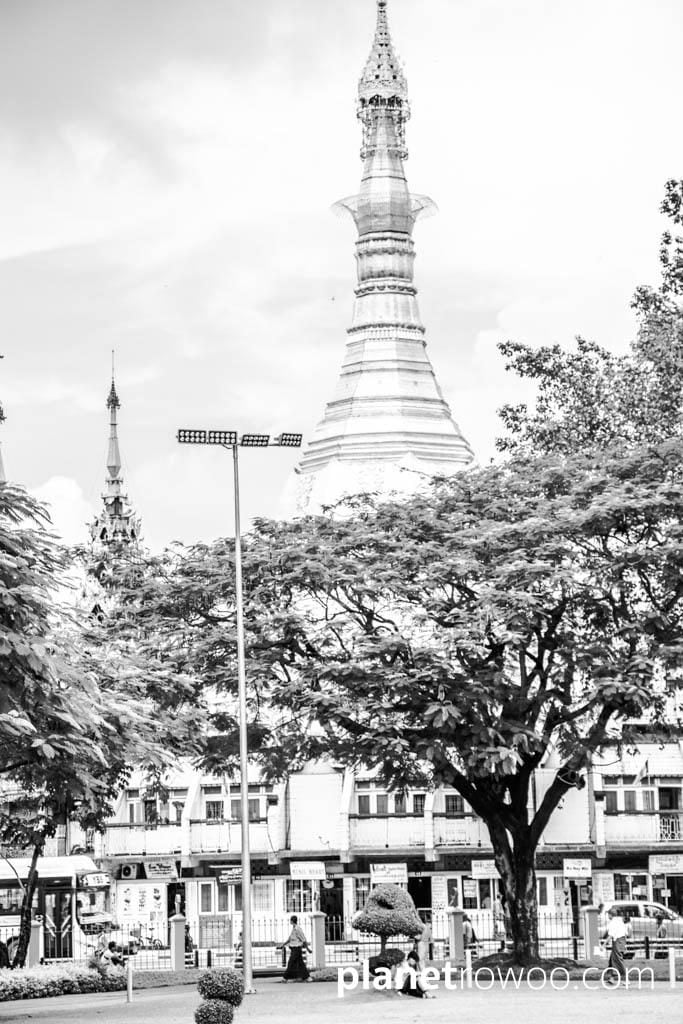 The Sule Pagoda, located on a roundabout in downtown Yangon