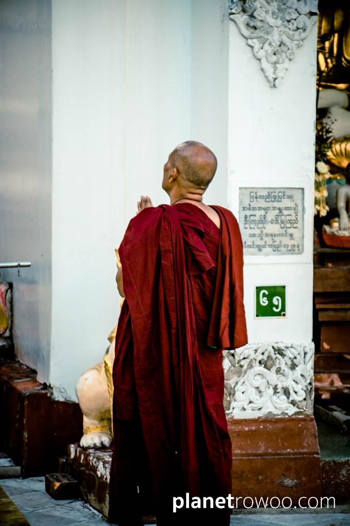 Buddhist monk praying at the Shwedagon pagoda