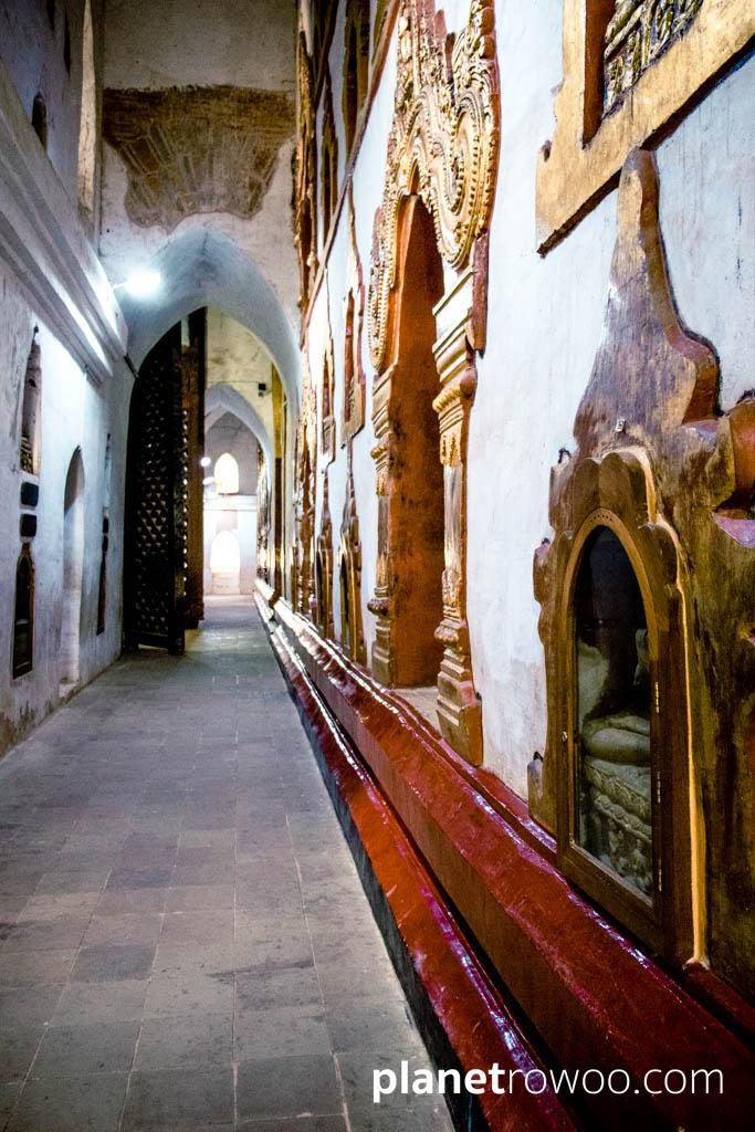 Ananda temple interior corridor with niches of enshrined Buddha images
