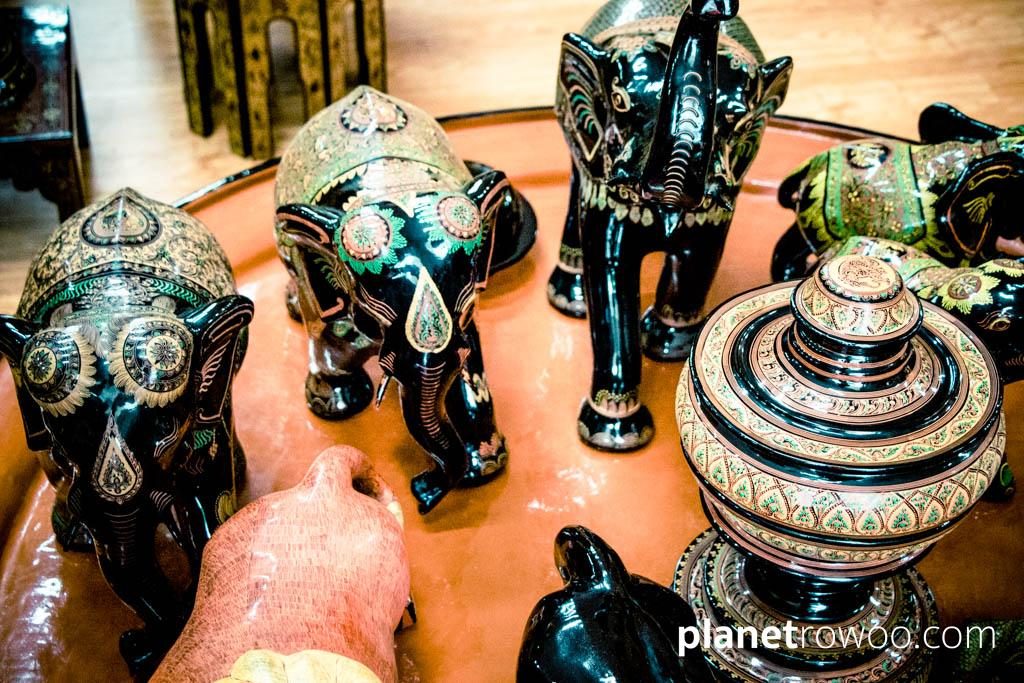 Finished lacquerware products for sale in a Bagan lacquerware workshop