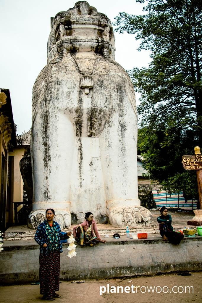 Mythological lion standing guard at the Shwezigon Pagoda