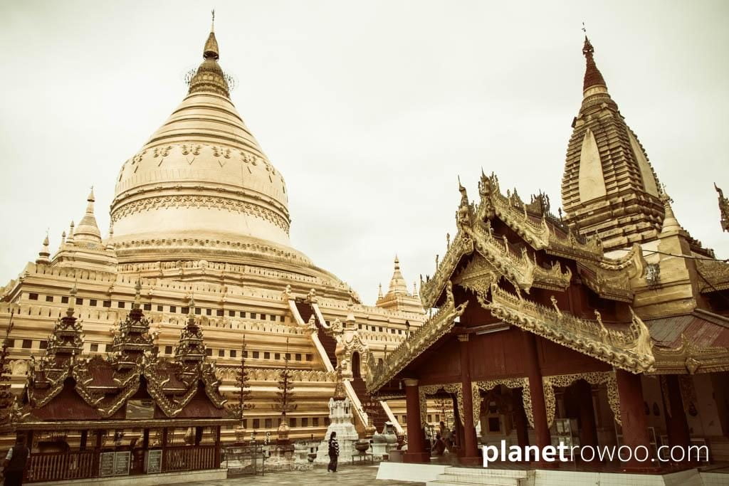 Ornate temple building alongside the Shwezigon Pagoda
