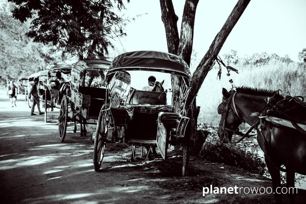 Horse-carts await outside Bagaya Monastery