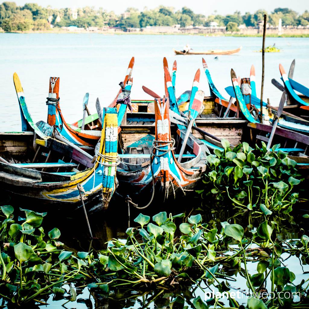 Boats tethered on Taungthaman Lake