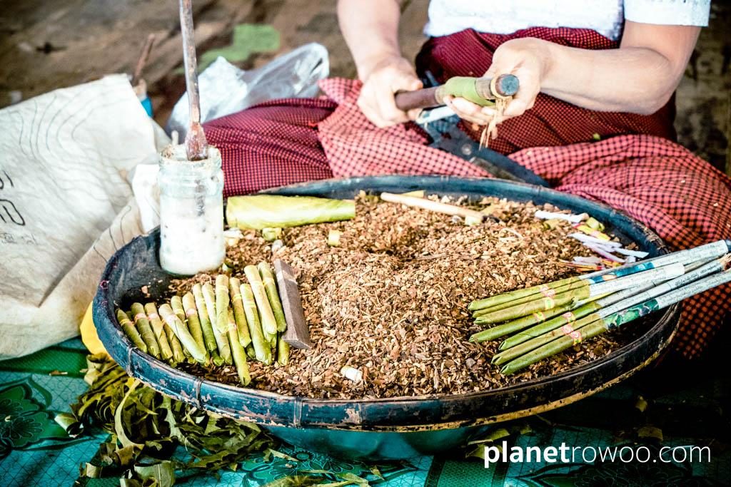 Rolling the cheroot leaf, Inle Lake cheroot factory