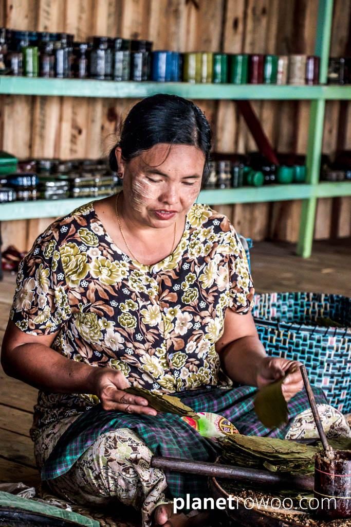 Preparing the cheroot leaves, Inle Lake cheroot factory