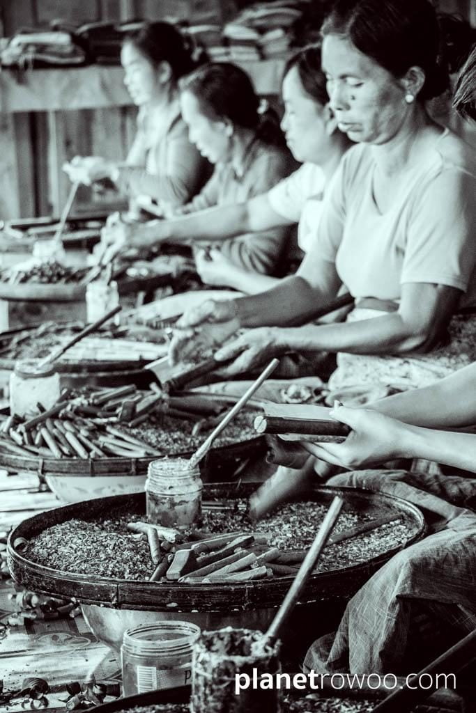Inle Lake village women making cheroots at a cheroot factory
