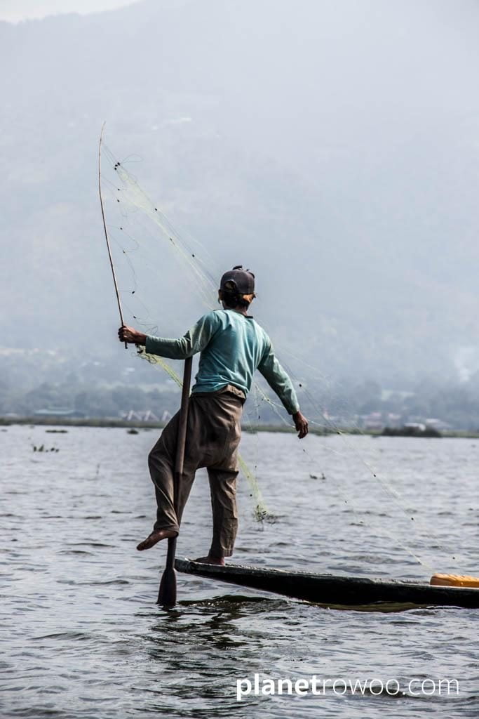 Fisherman casting his net, Inle Lake
