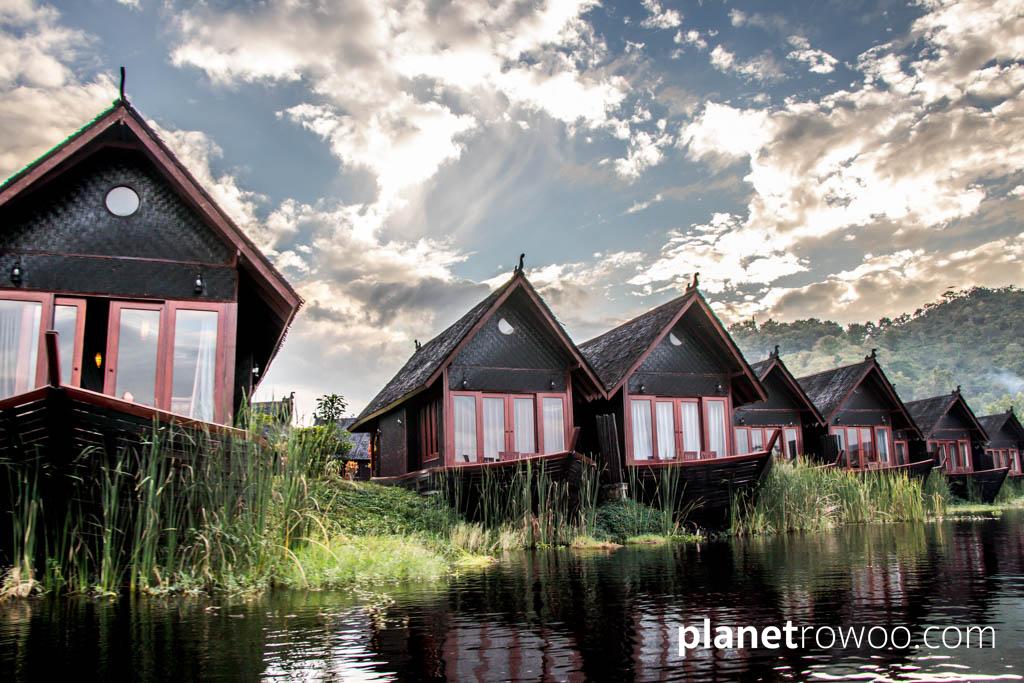 The boat-shaped "floating" cottages of Pristine Lotus Resort