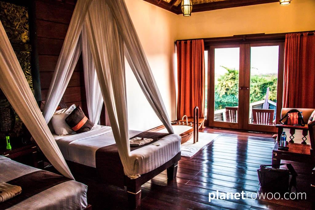 The bedroom in the “floating” cottages, Pristine Lotus Resort