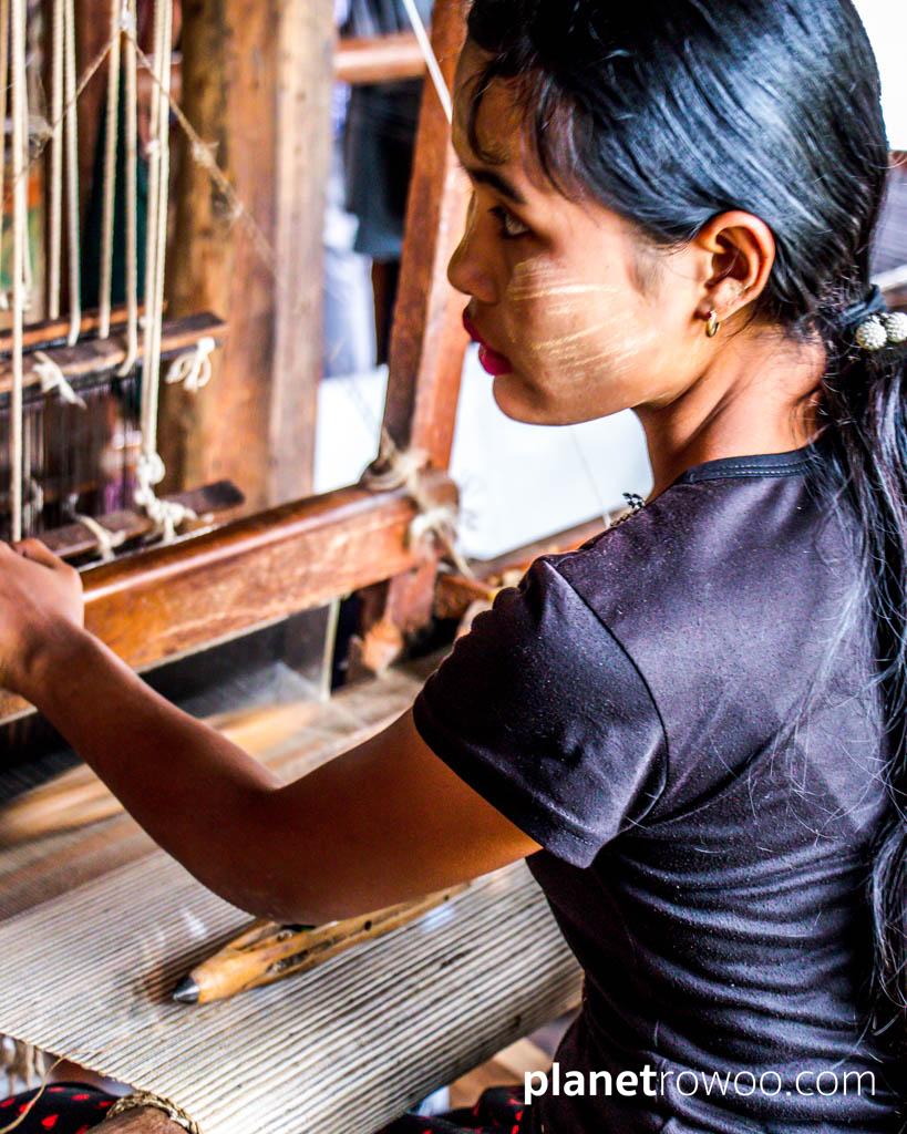 Inpawkhone village woman at her weaving loom, Inle Lake