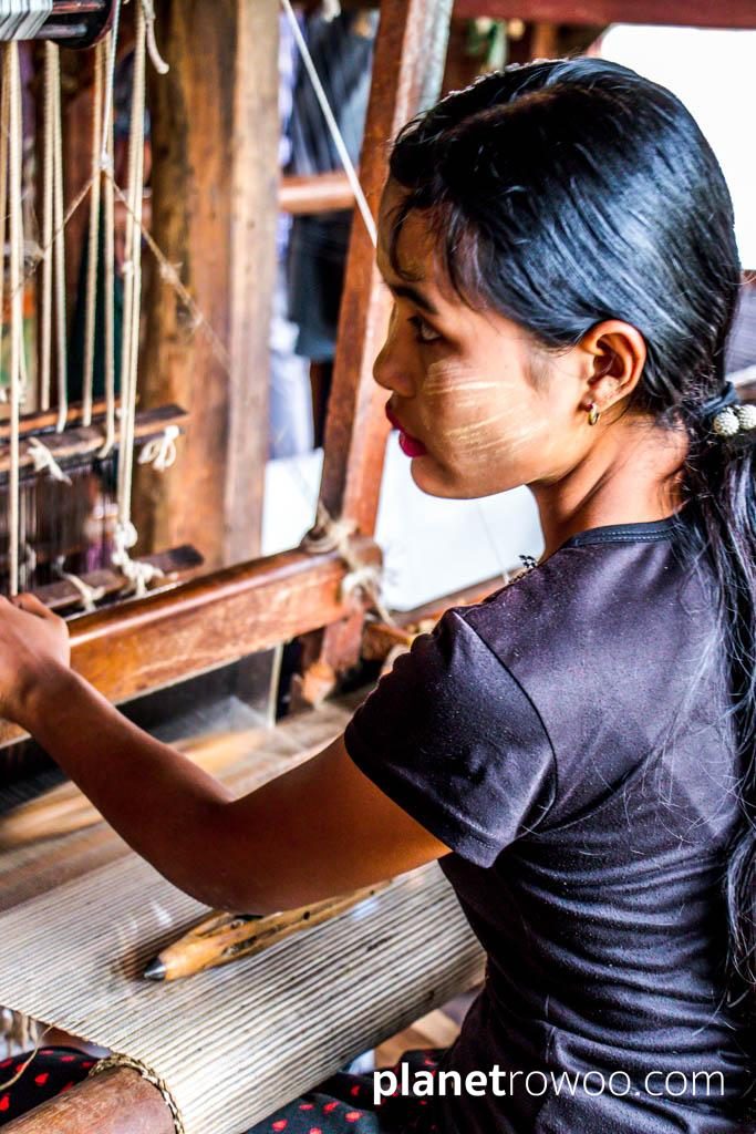 Inpawkhone village woman at her weaving loom, Inle Lake