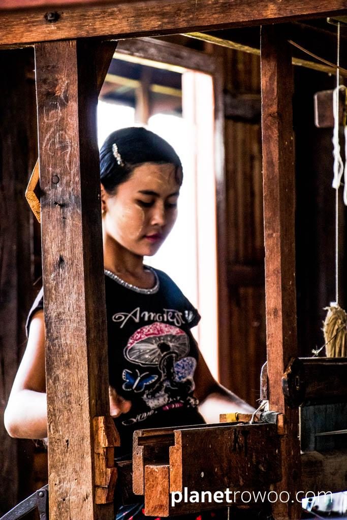 Inpawkhone village woman at her weaving loom, Inle Lake