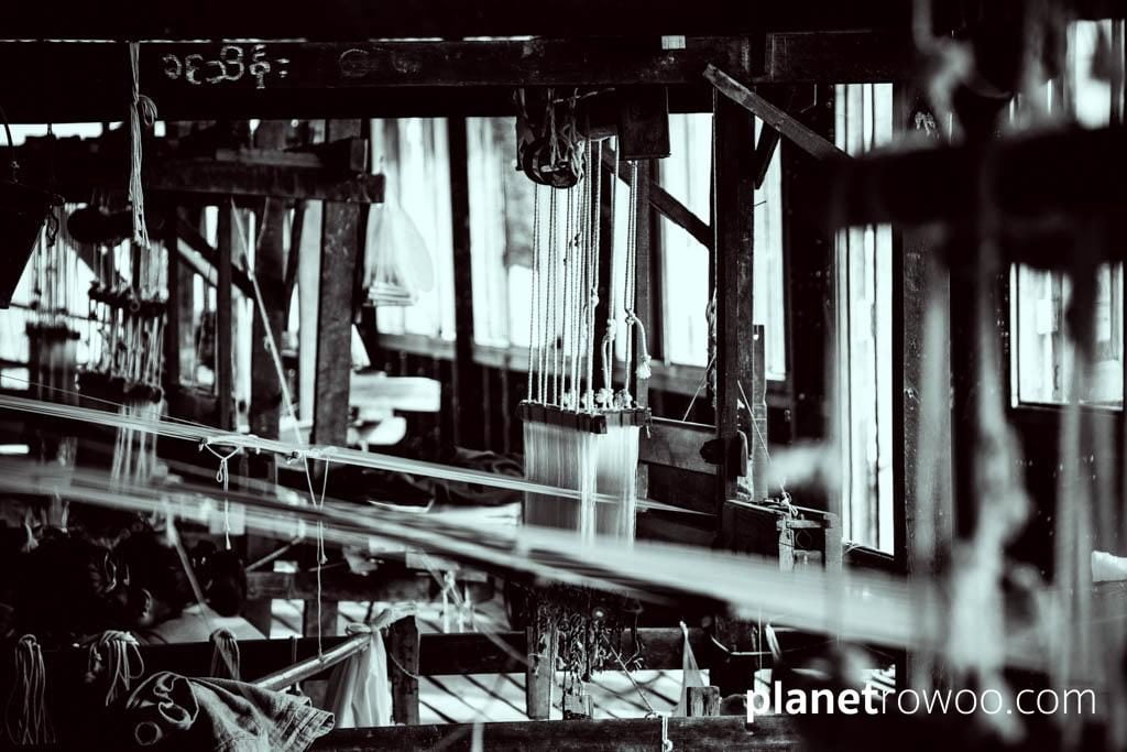 View through weaving loom, Inle Lake weaving village