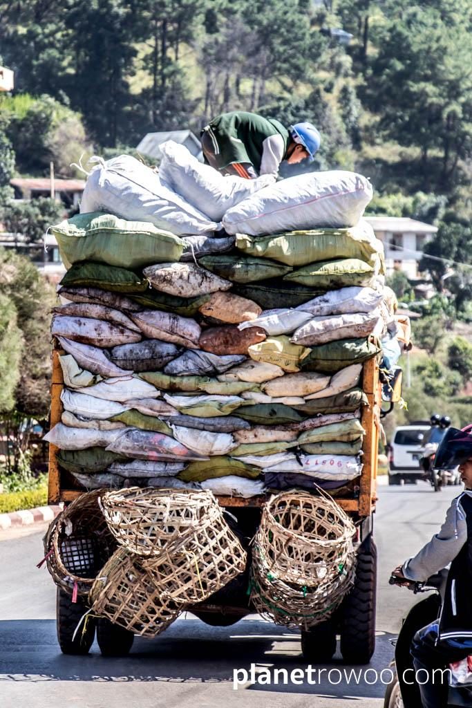 Truck piled high with sacks, Kalaw