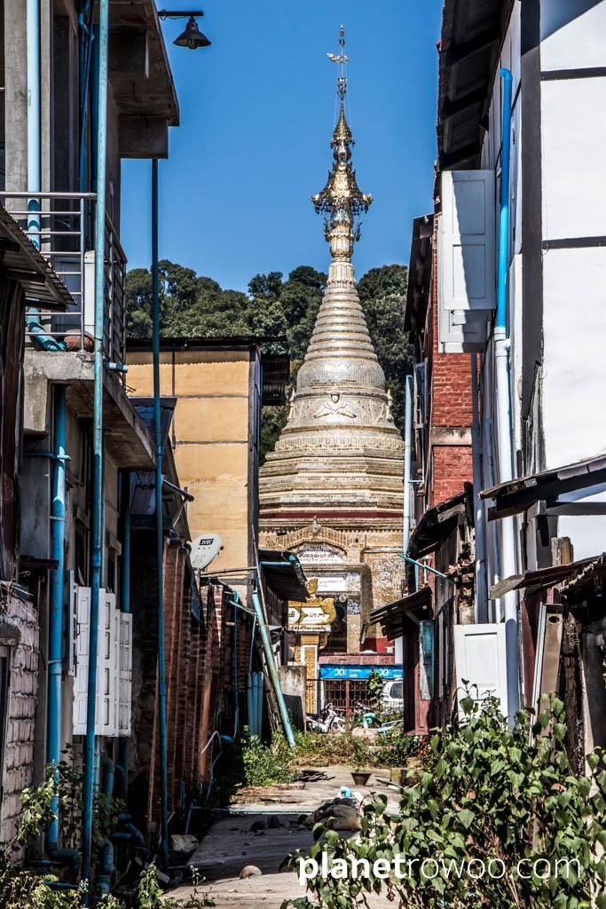 The Aung Chan Tha Pagoda viewed down a Kalaw side street