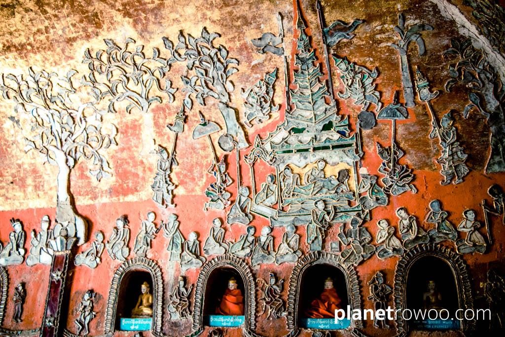 Coloured mosaics on the wall of the Shwe Yan Pyay shrine