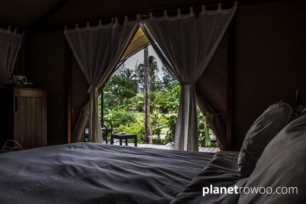 View out to the Haadson palm plantation from a Tented Villa bedroom