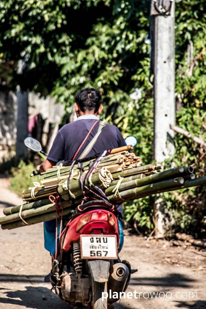 Transporting bamboo in a Lisu hill tribe village