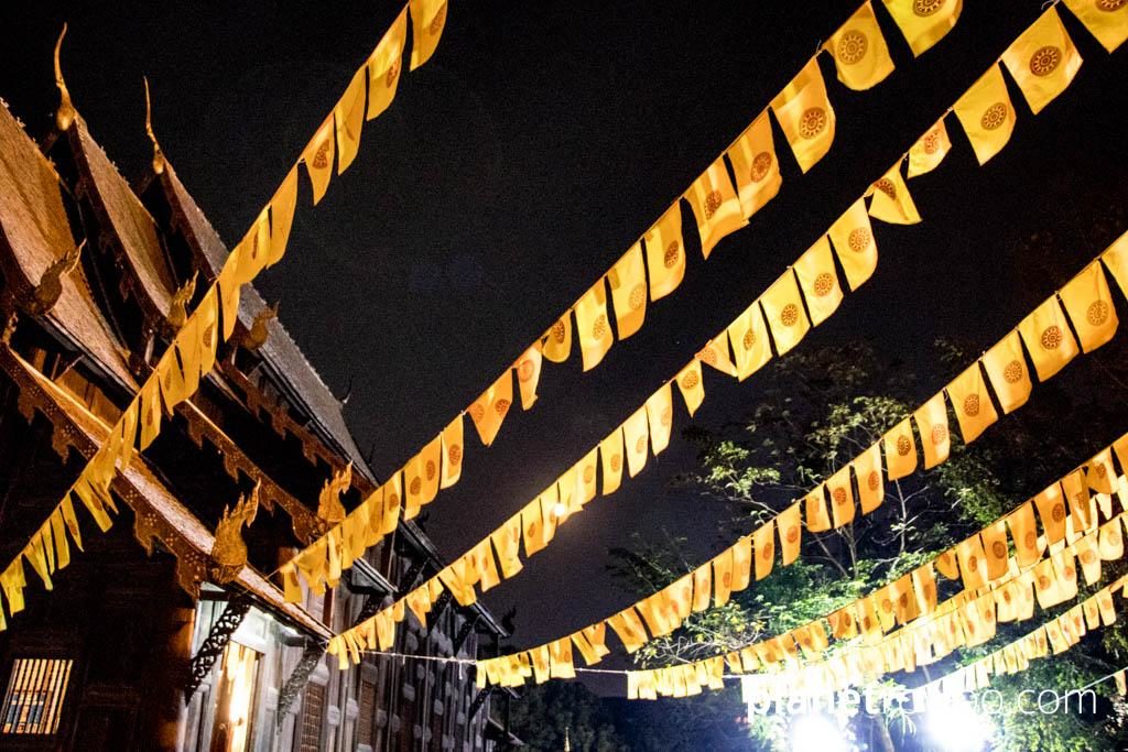 Buddhist dharma flags at Wat Phan Tao on Makha Bucha Day, Chiang Mai