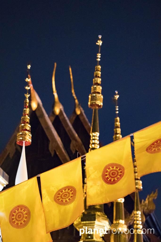 Buddhist dharma flags at Wat Phan Tao on Makha Bucha Day, Chiang Mai